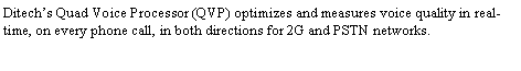 Text Box: Ditech’s Quad Voice Processor (QVP) optimizes and measures voice quality in real-time, on every phone call, in both directions for 2G and PSTN networks. 